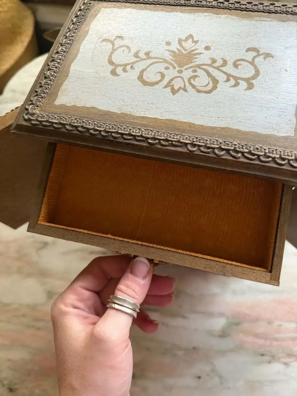 Vintage Florentine Wooden Miniature Armoire Jewelry Box with Romantic Scene Pane